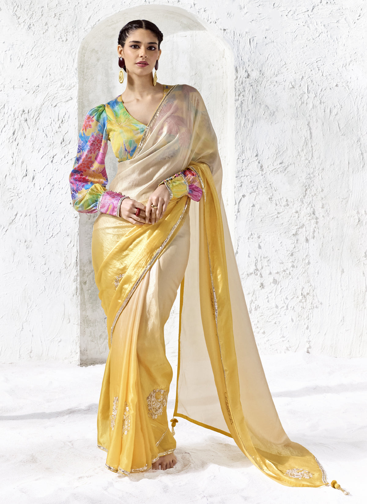 Beige & Yellow Premium Organza Silk Wedding Wear Saree