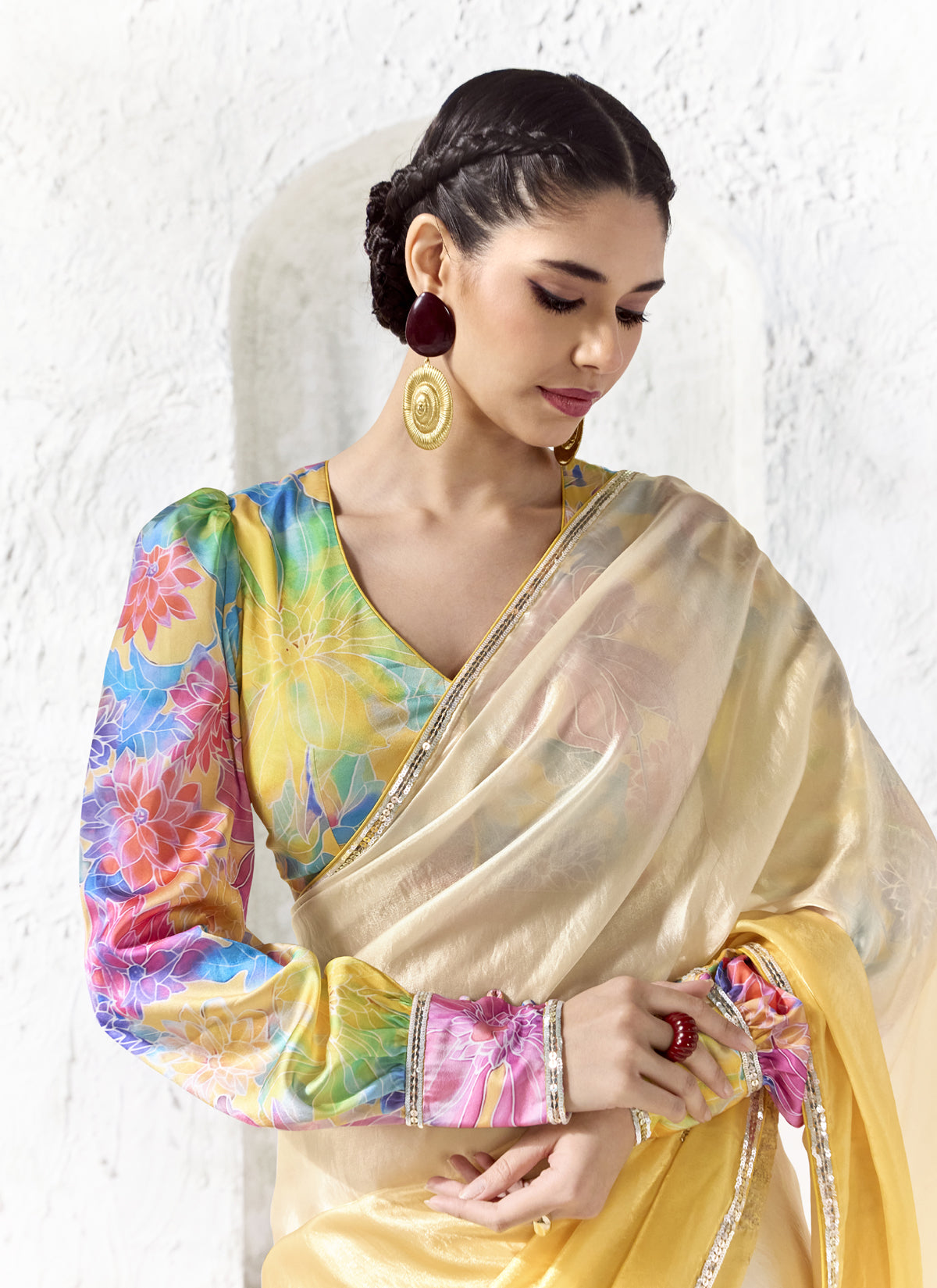 Beige & Yellow Premium Organza Silk Wedding Wear Saree