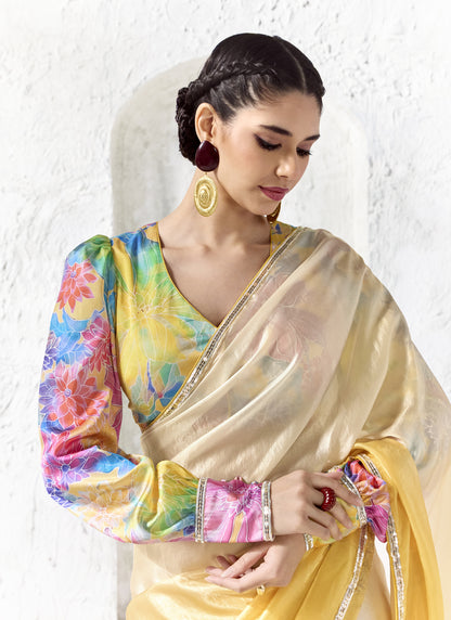 Beige & Yellow Premium Organza Silk Wedding Wear Saree