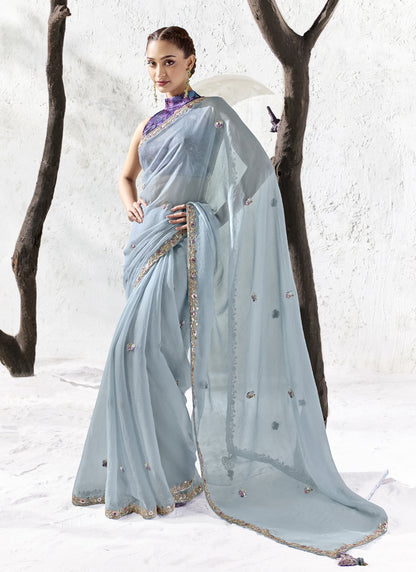 Gray Premium Organza Silk Wedding Wear Saree