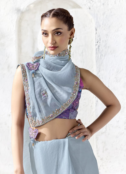 Gray Premium Organza Silk Wedding Wear Saree