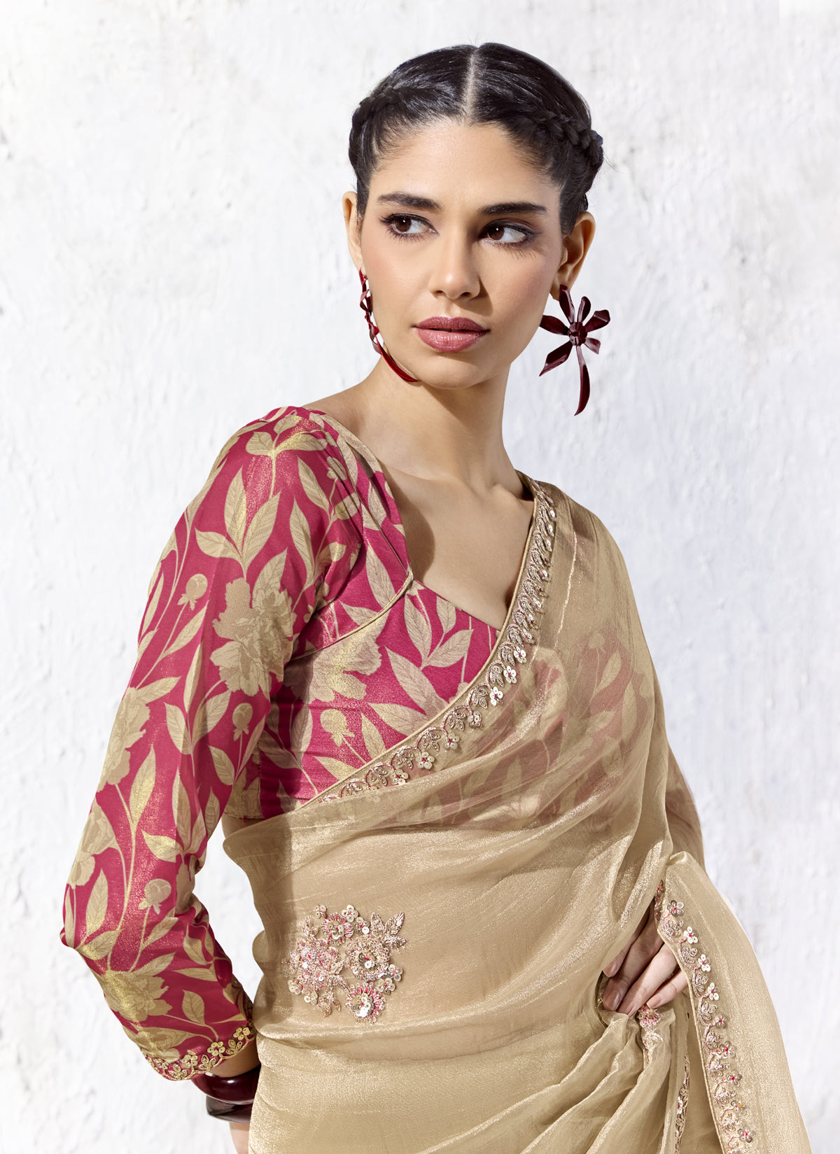 Beige Premium Organza Silk Wedding Wear Saree
