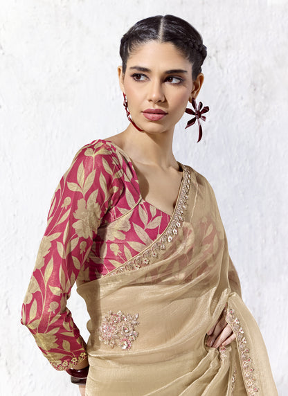 Beige Premium Organza Silk Wedding Wear Saree