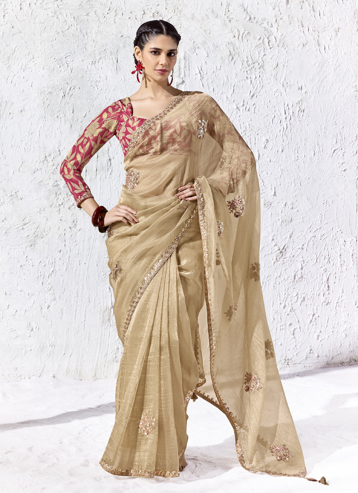 Beige Premium Organza Silk Wedding Wear Saree