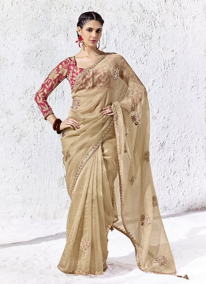 Beige Premium Organza Silk Wedding Wear Saree