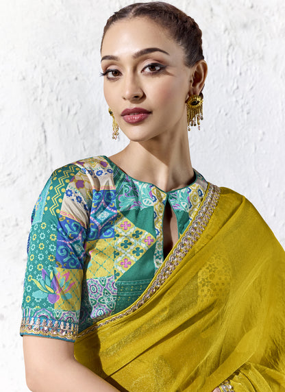 Mustard Premium Organza Silk Wedding Wear Saree