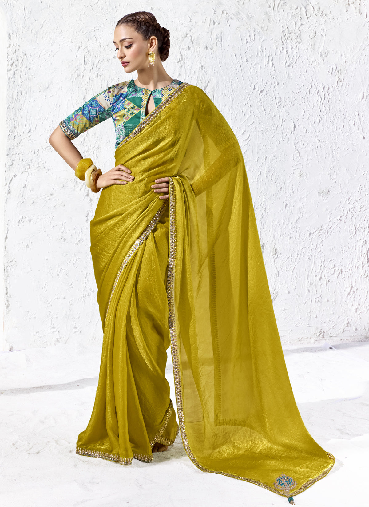 Mustard Premium Organza Silk Wedding Wear Saree