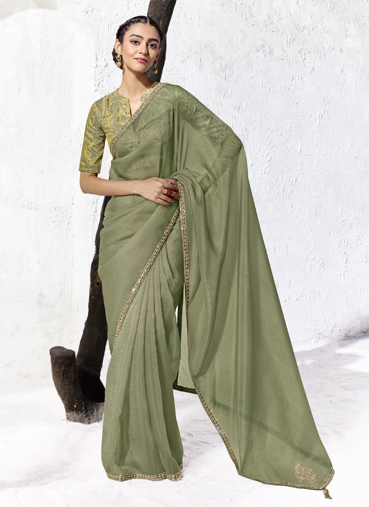 Sage Green Premium Organza Silk Wedding Wear Saree