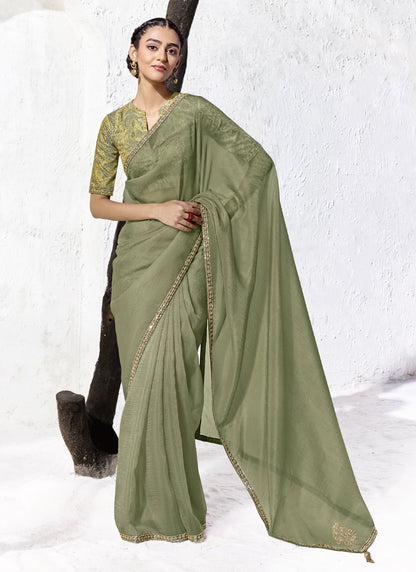 Sage Green Premium Organza Silk Wedding Wear Saree
