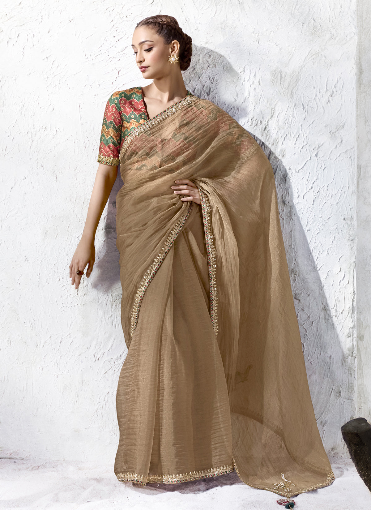 Beige Premium Organza Silk Wedding Wear Saree