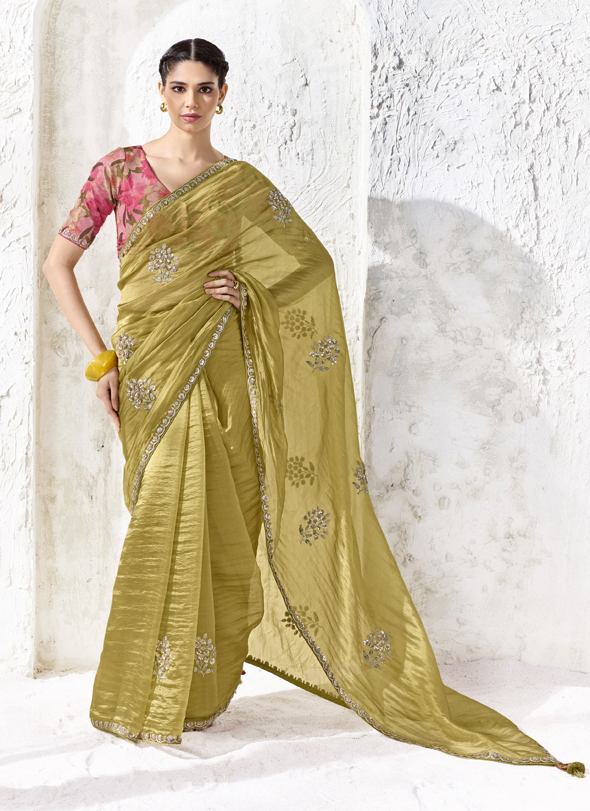 Lime Green Premium Organza Silk Wedding Wear Saree