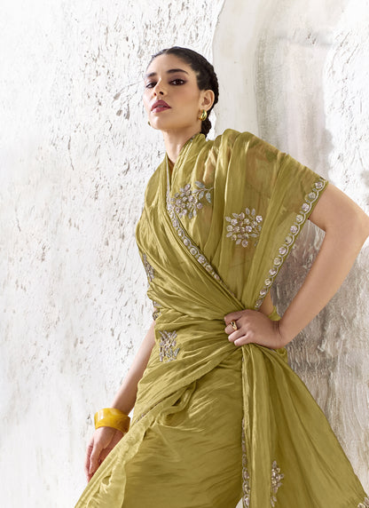 Lime Green Premium Organza Silk Wedding Wear Saree