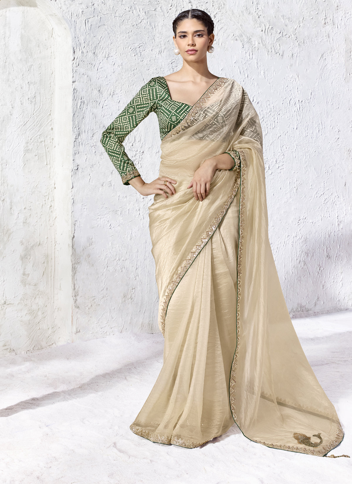 Cream Premium Organza Silk Wedding Wear Saree