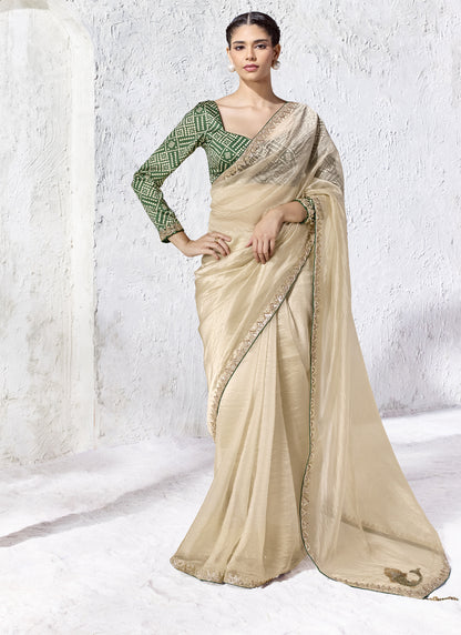 Cream Premium Organza Silk Wedding Wear Saree