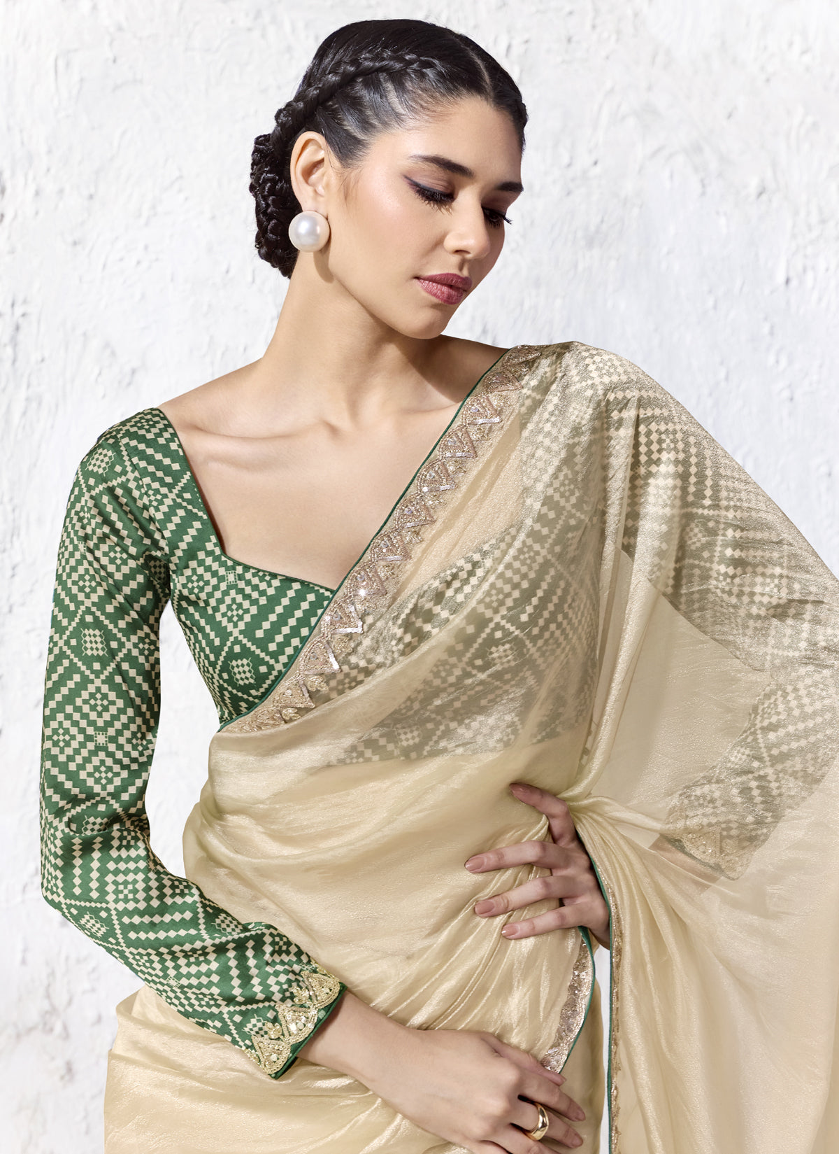 Cream Premium Organza Silk Wedding Wear Saree
