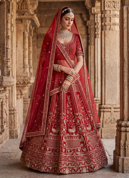 Lehenga choli Red colour double dupatta combine peacock hand work designer Party wear