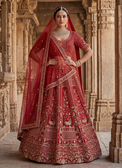 Lehenga choli Red colour double dupatta combine peacock hand work designer Party wear