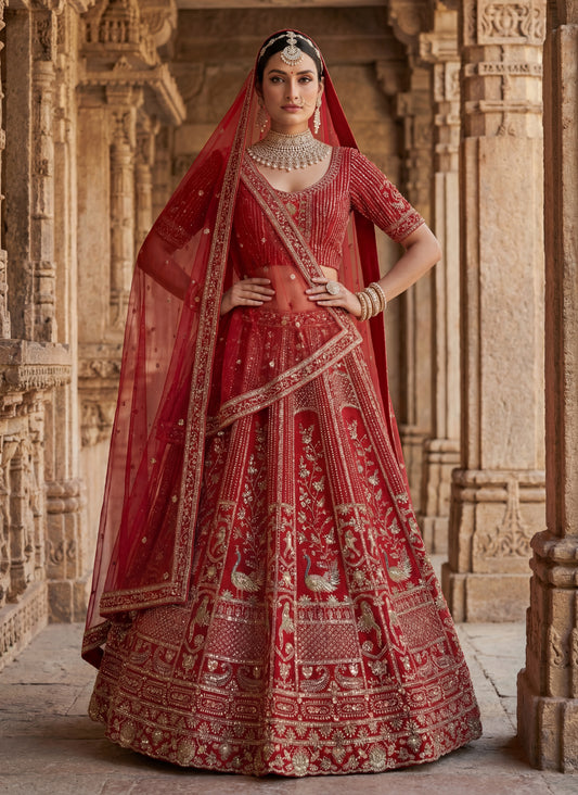 Lehenga choli Red colour double dupatta combine peacock hand work designer Party wear