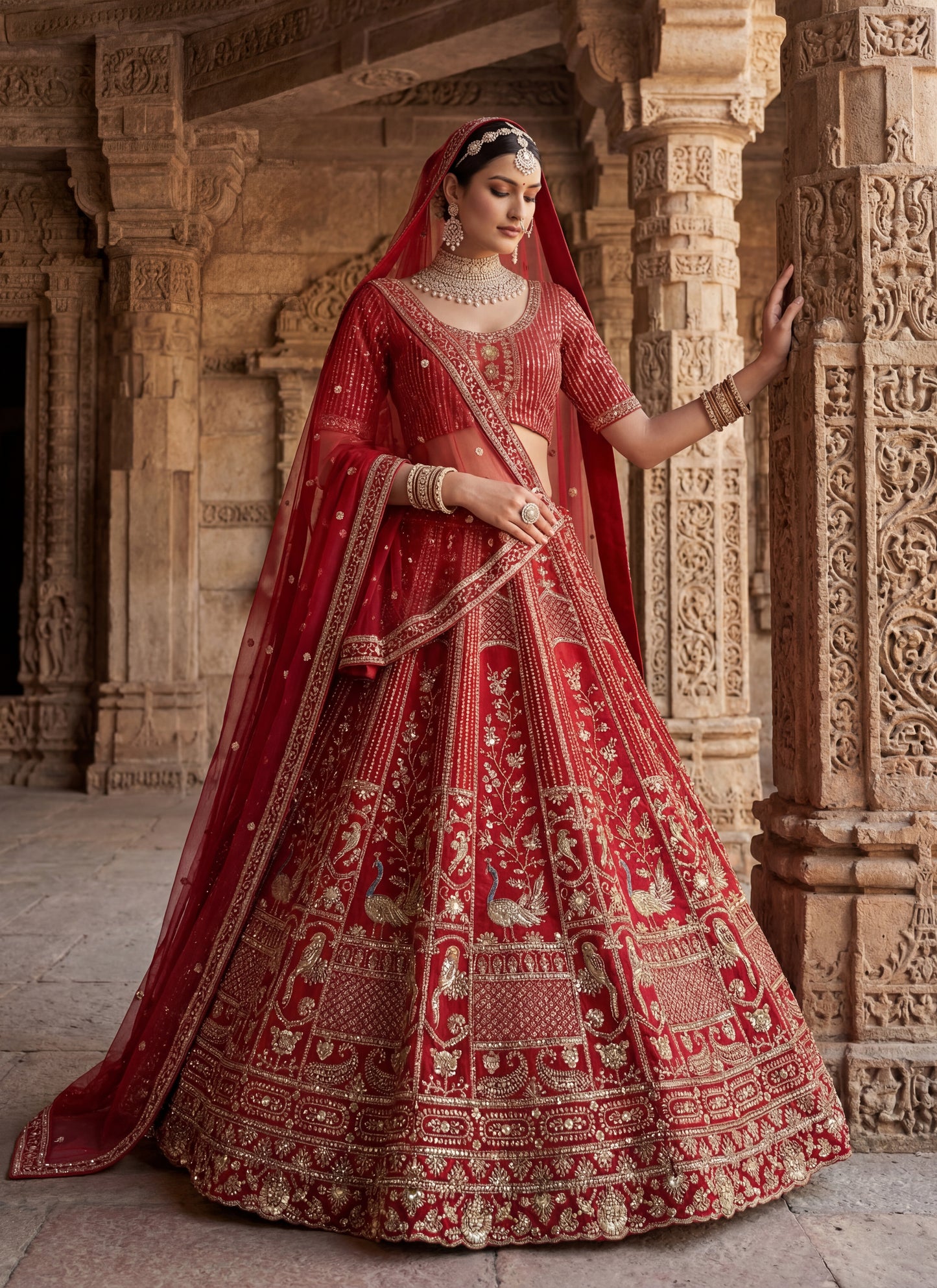 Lehenga choli Red colour double dupatta combine peacock hand work designer Party wear