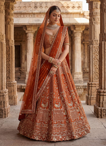 Lehenga choli Orange  colour double dupatta combine peacock hand work designer