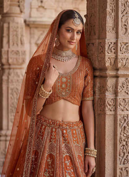 Lehenga choli Orange  colour double dupatta combine peacock hand work designer