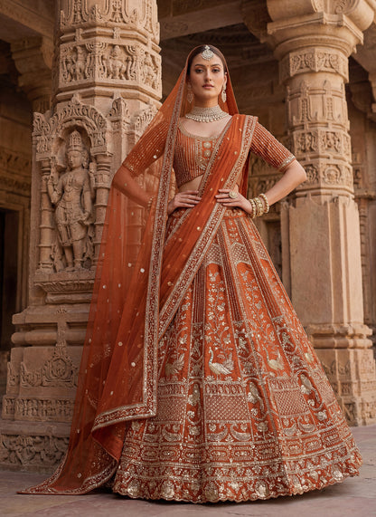Lehenga choli Orange  colour double dupatta combine peacock hand work designer