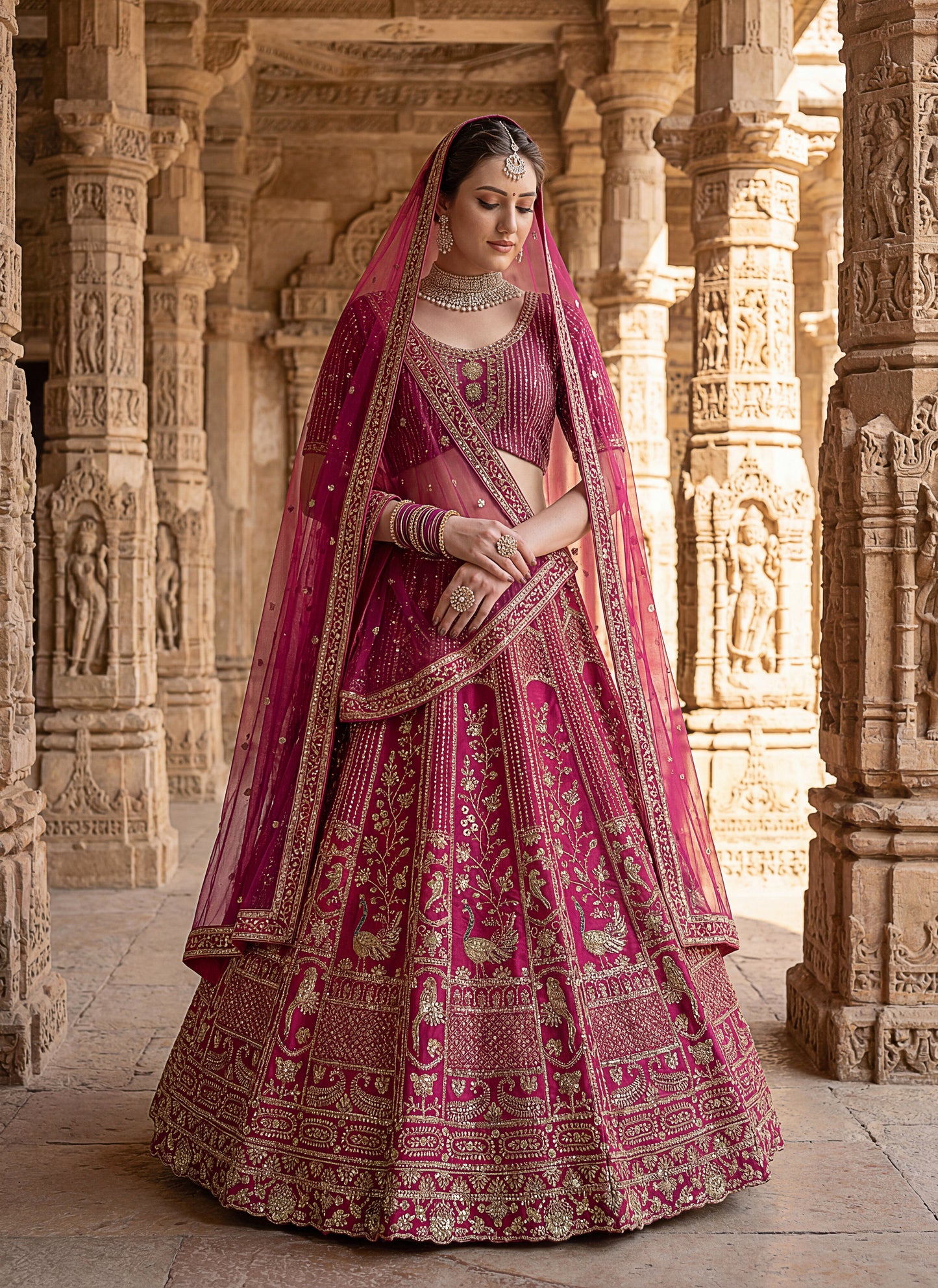 Lehenga choli Pink colour  double dupatta combine peacock hand work designer