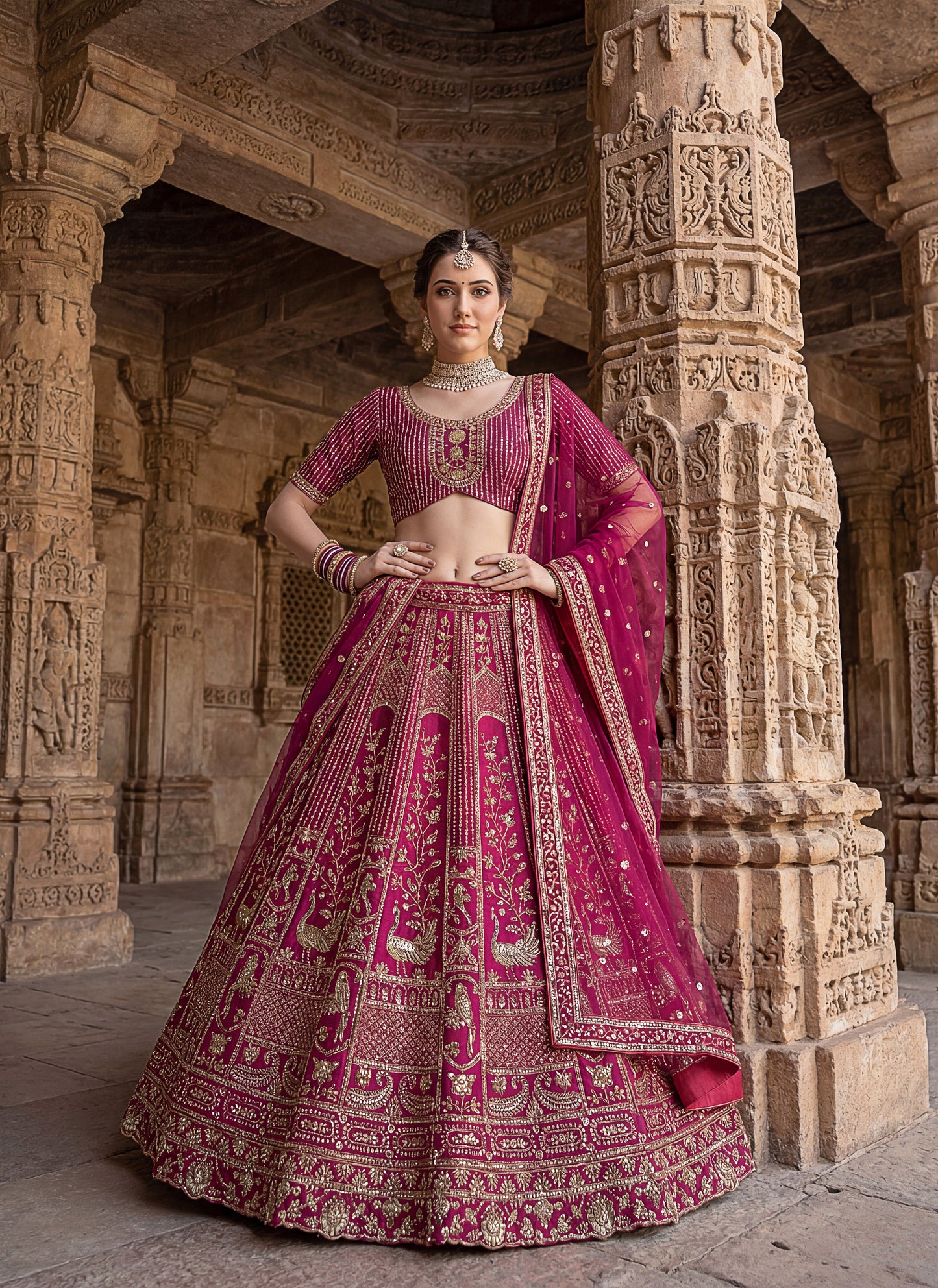 Lehenga choli Pink colour  double dupatta combine peacock hand work designer