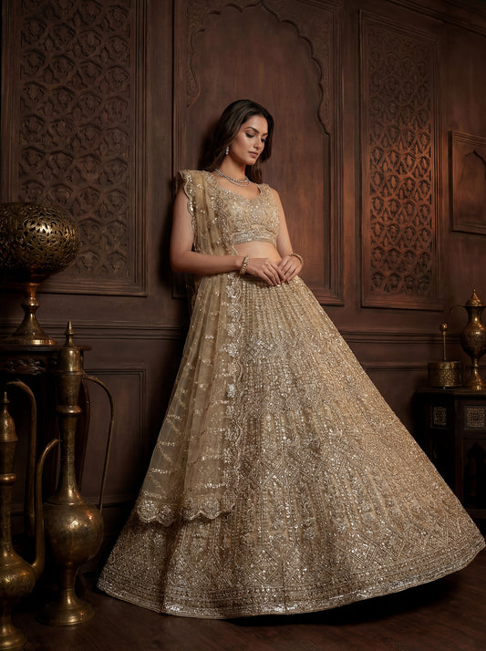 Beads and Motif Work Golden Lehenga choli with Designer Dupatta