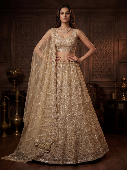 Beads and Motif Work Golden Lehenga choli with Designer Dupatta