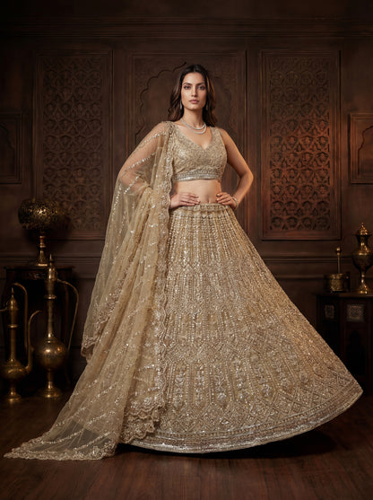 Beads and Motif Work Golden Lehenga choli with Designer Dupatta