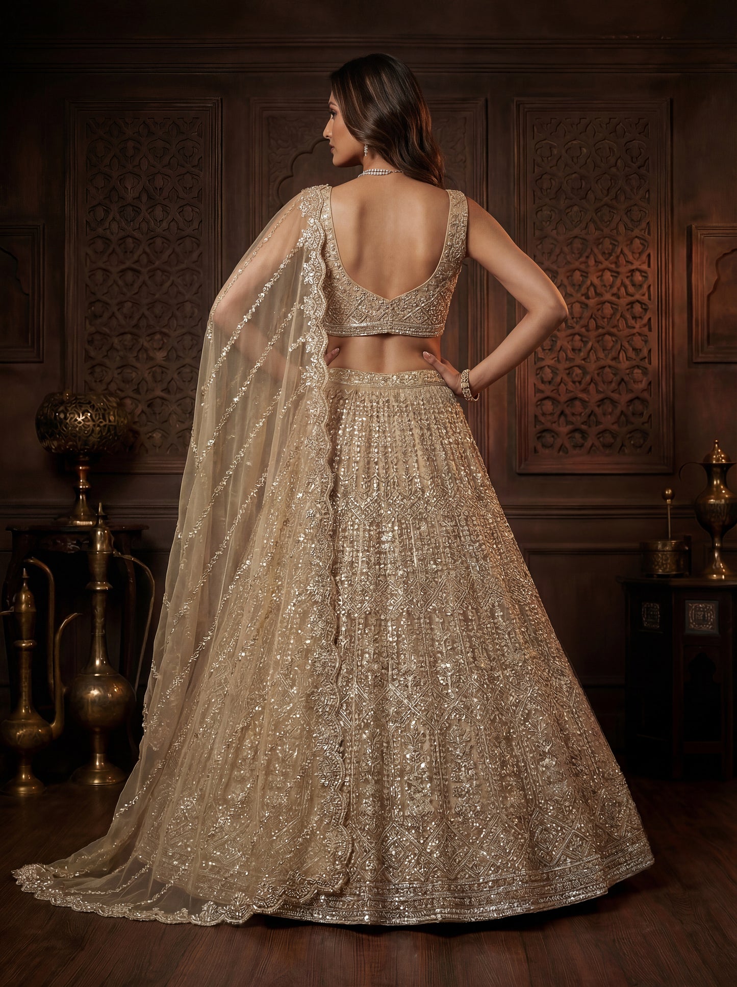 Beads and Motif Work Golden Lehenga choli with Designer Dupatta