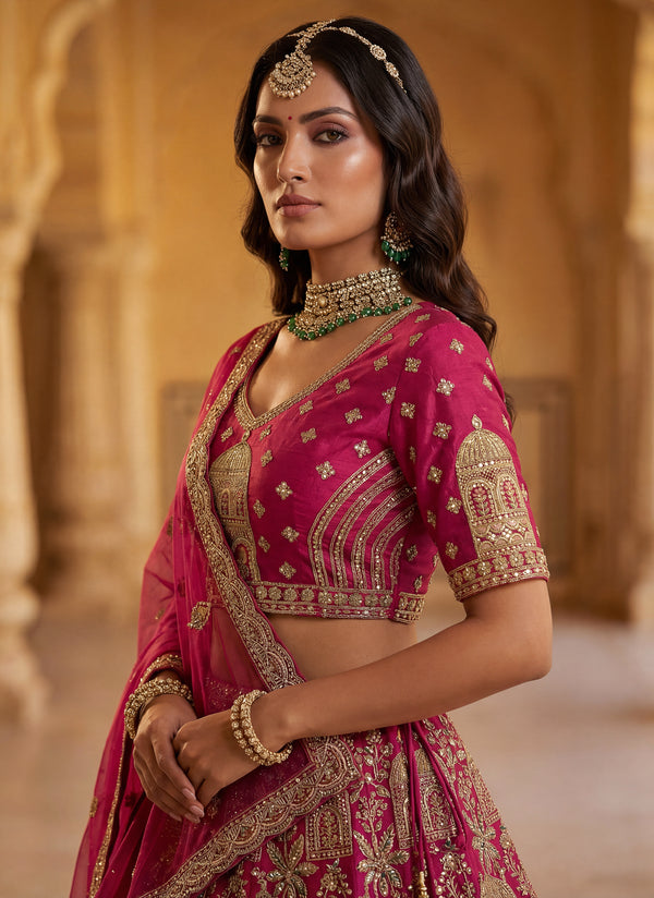 Abstract Pattern and Peacock Embroidered Double dupatta designed Lehenga Choli