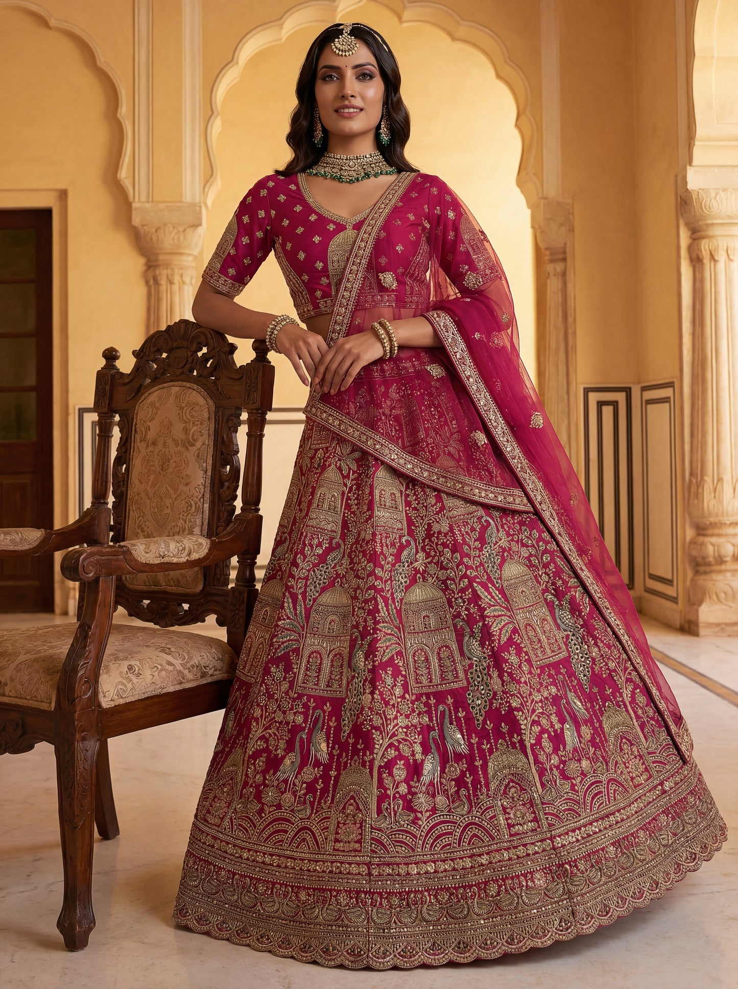 Abstract Pattern and Peacock Embroidered Double dupatta designed Lehenga Choli