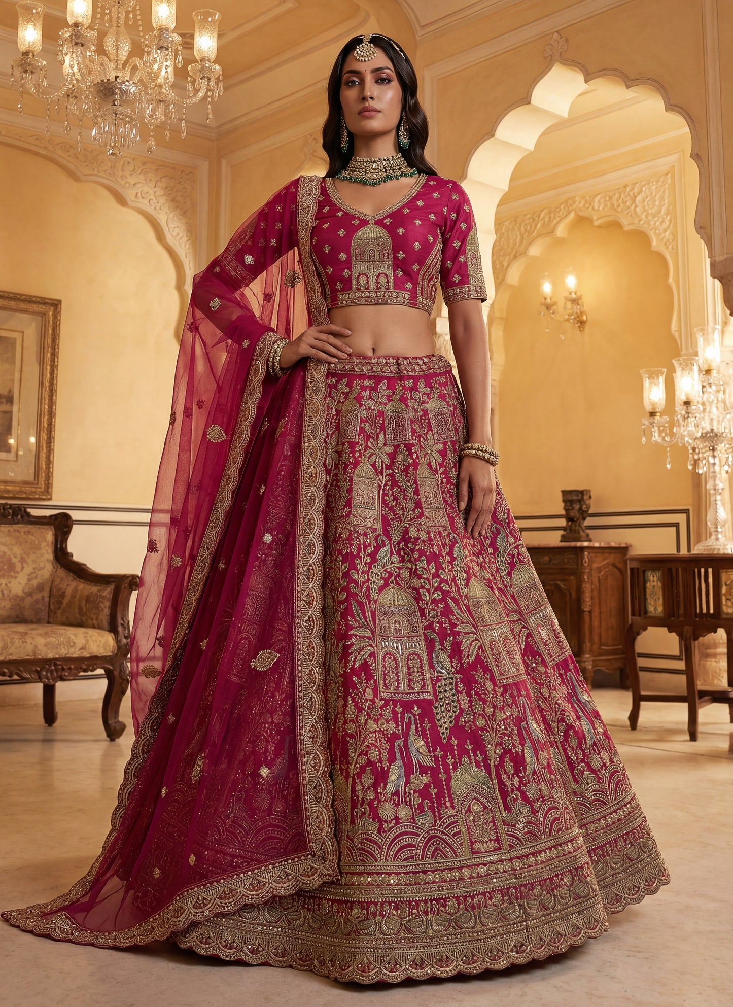 Abstract Pattern and Peacock Embroidered Double dupatta designed Lehenga Choli
