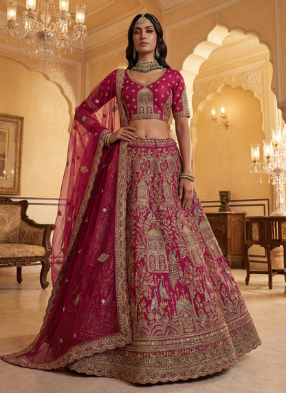Abstract Pattern and Peacock Embroidered Double dupatta designed Lehenga Choli