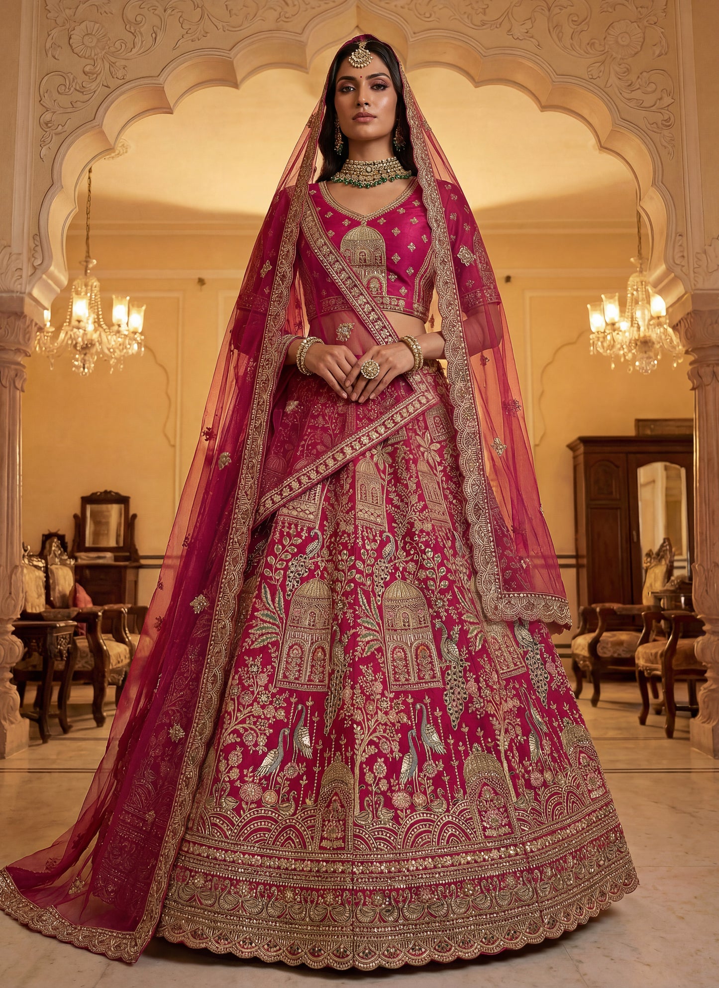 Abstract Pattern and Peacock Embroidered Double dupatta designed Lehenga Choli