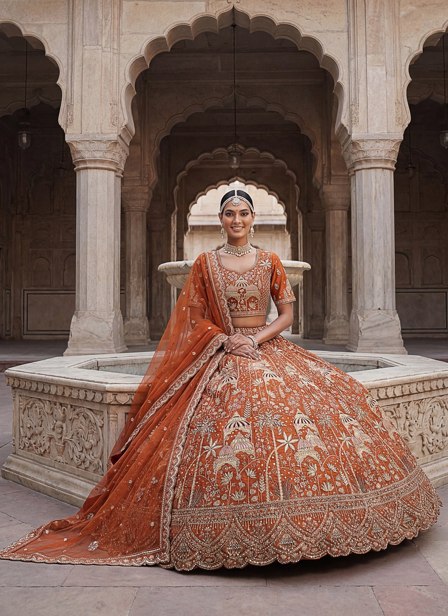 Orange colour flower Pattern Embroidery Perfect Silk Bridal Lehenga