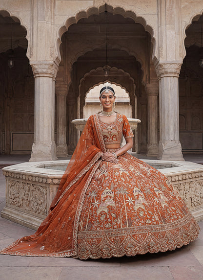 Orange colour flower Pattern Embroidery Perfect Silk Bridal Lehenga