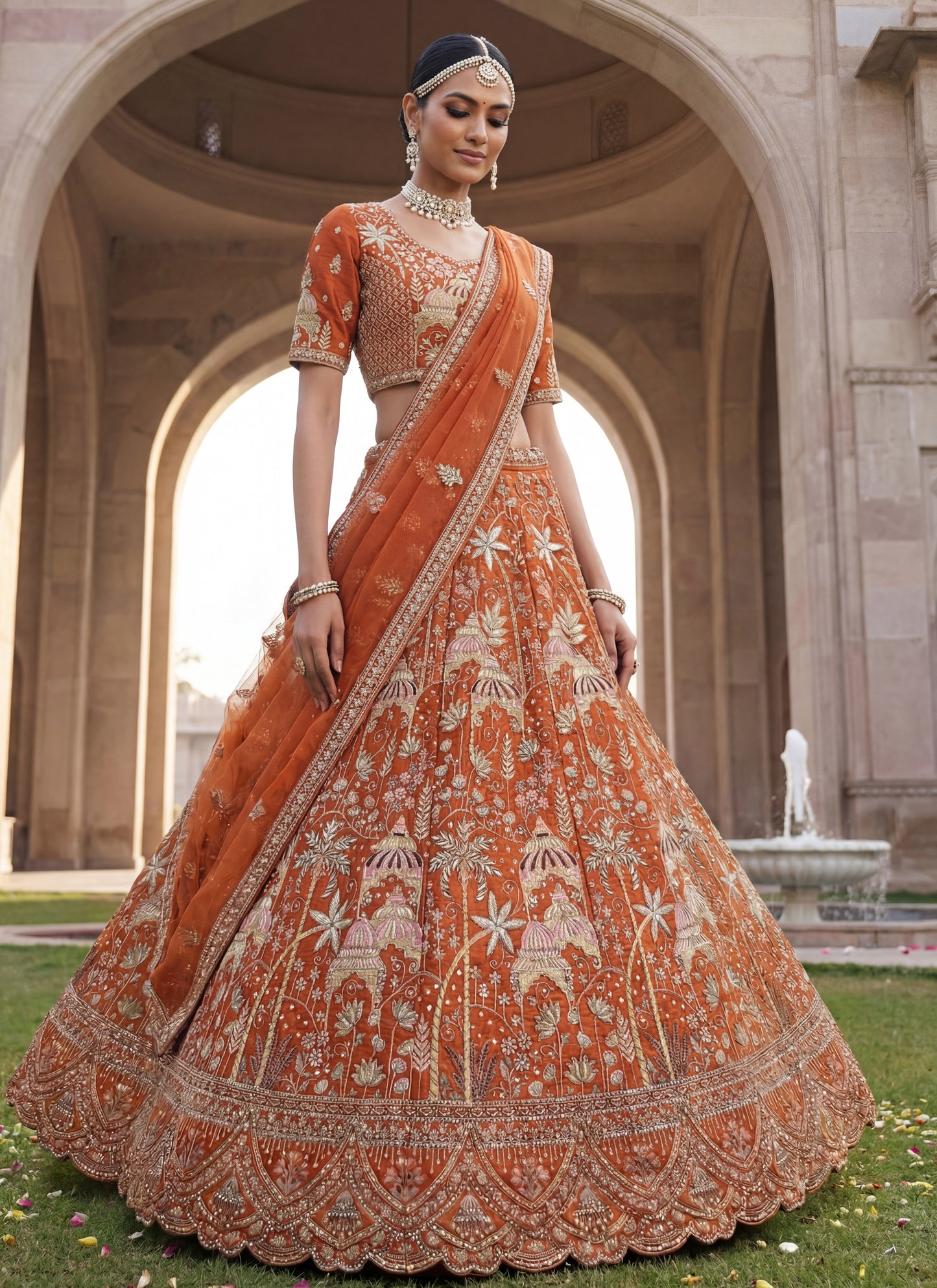 Orange colour flower Pattern Embroidery Perfect Silk Bridal Lehenga