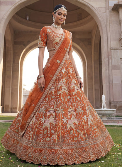 Orange colour flower Pattern Embroidery Perfect Silk Bridal Lehenga