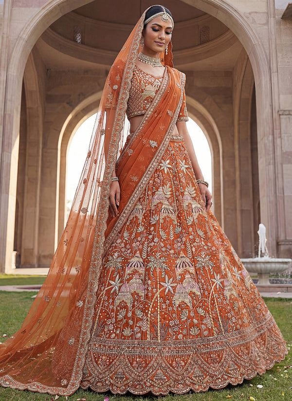 Orange colour flower Pattern Embroidery Perfect Silk Bridal Lehenga