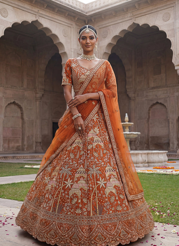 Orange colour flower Pattern Embroidery Perfect Silk Bridal Lehenga