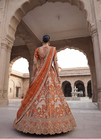 Orange colour flower Pattern Embroidery Perfect Silk Bridal Lehenga