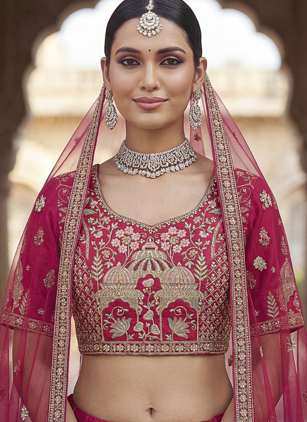 Pink Beautiful Coconut Tree and flower Pattern Embroidered Perfect Silk Bridal Lehenga