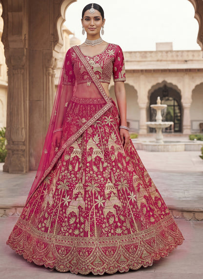 Pink Beautiful Coconut Tree and flower Pattern Embroidered Perfect Silk Bridal Lehenga