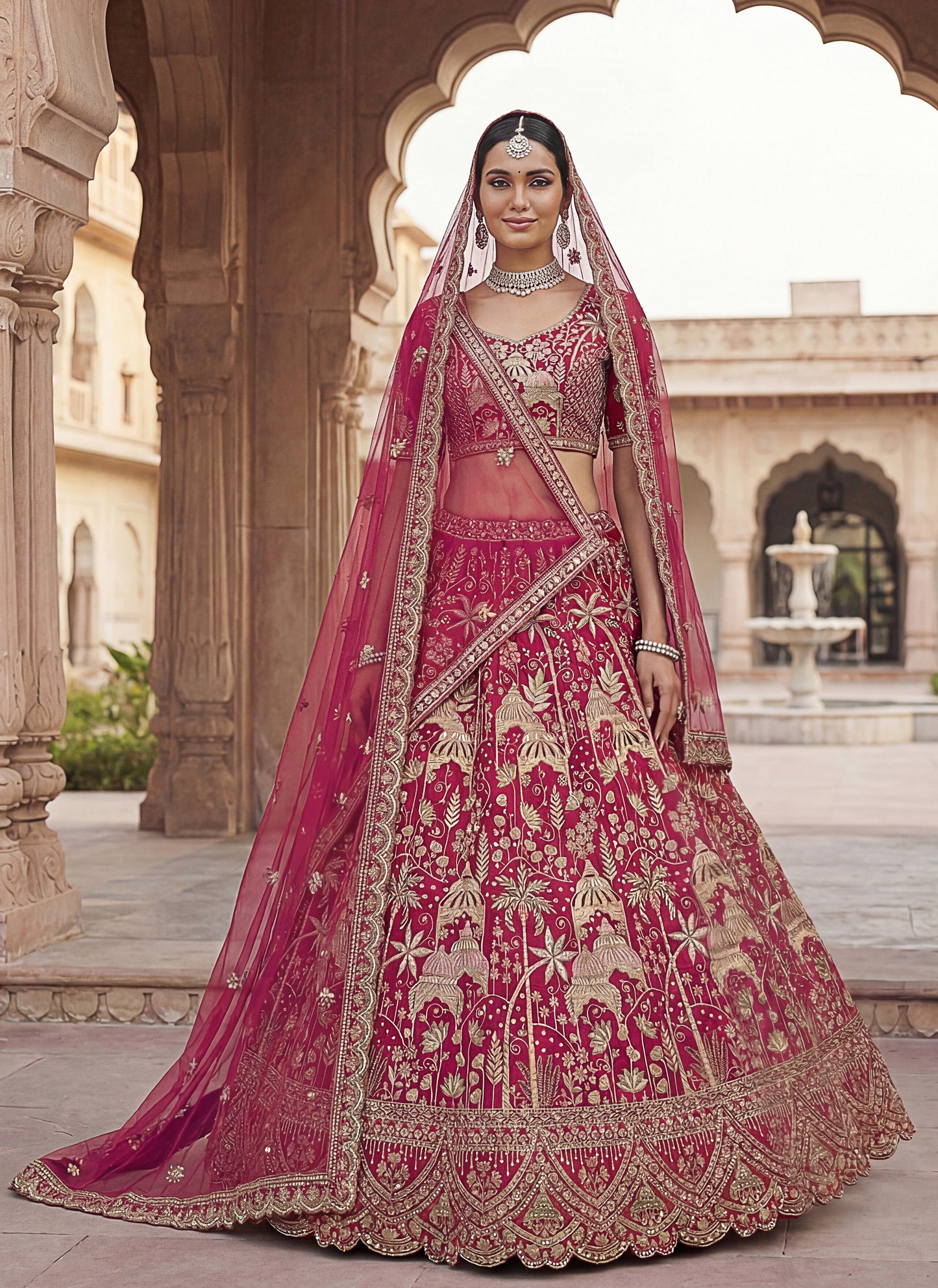 Pink Beautiful Coconut Tree and flower Pattern Embroidered Perfect Silk Bridal Lehenga