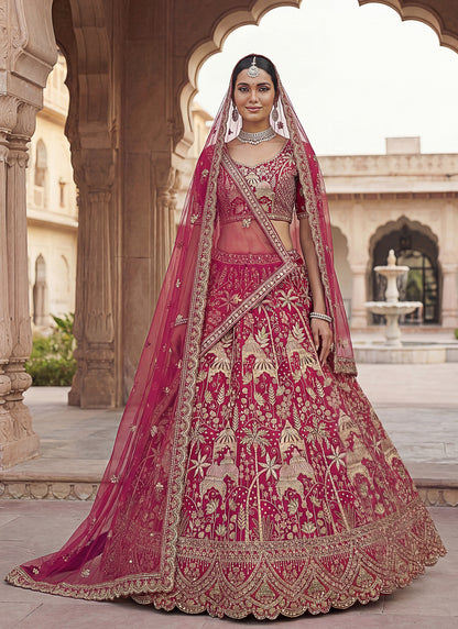 Pink Beautiful Coconut Tree and flower Pattern Embroidered Perfect Silk Bridal Lehenga