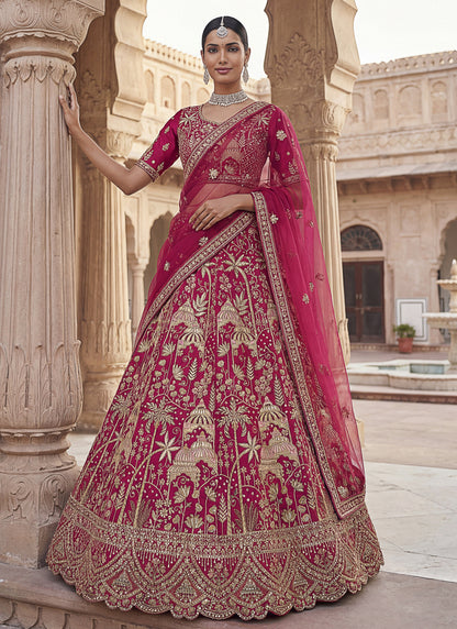 Pink Beautiful Coconut Tree and flower Pattern Embroidered Perfect Silk Bridal Lehenga