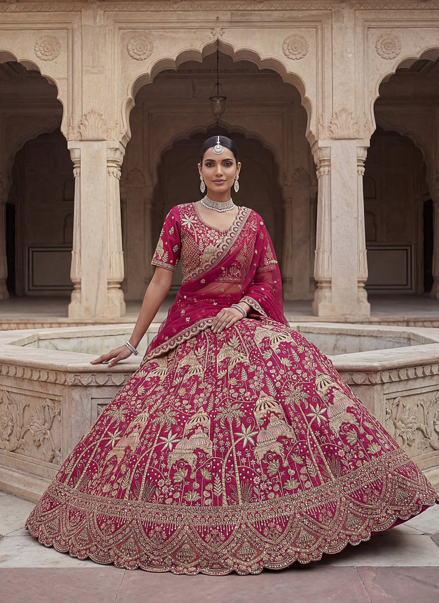 Pink Beautiful Coconut Tree and flower Pattern Embroidered Perfect Silk Bridal Lehenga